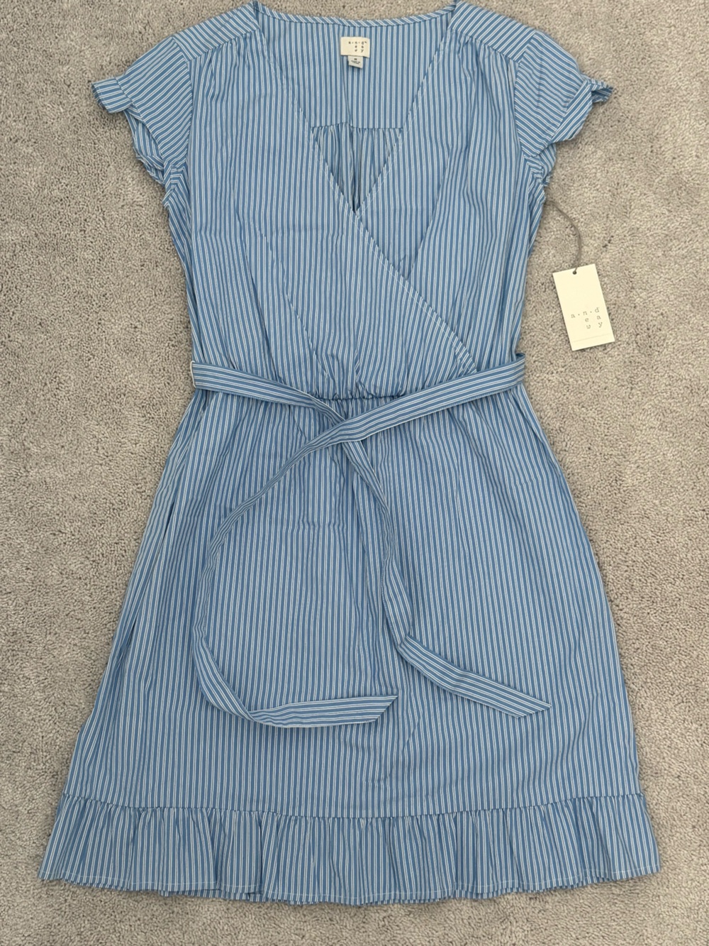 Light Blue Striped Wrap Dress with Tie Waist